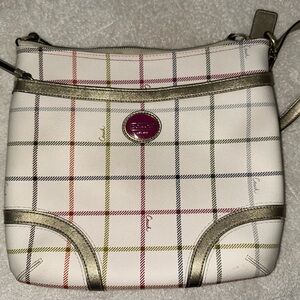 Coach White Plaid Crossbody with Multicolor Stripes and Gold Trim